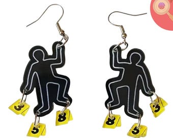Crime Scene Dangle Earrings: Chalk Outline, Evidence Markers, CSI Jewelry