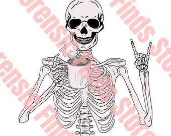 Crime Never Sleeps Skeleton Digital Sticker – True Crime Coffee Lover PNG for Planners, Laptops & More