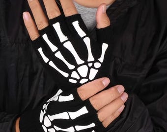 Black Knit Fingerless Gloves with Glow Skeleton Design