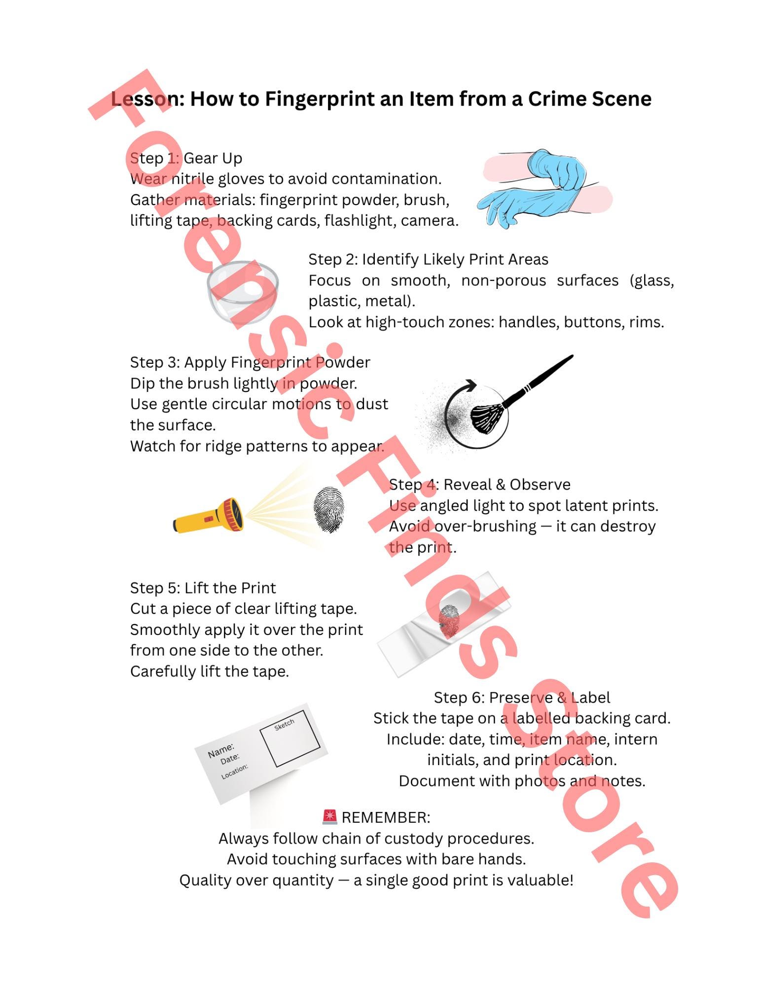 How to Print an Item from a Crime Scene - Forensic Science Digital Infographic - Evidence Collection Poster - Criminalistics Printable