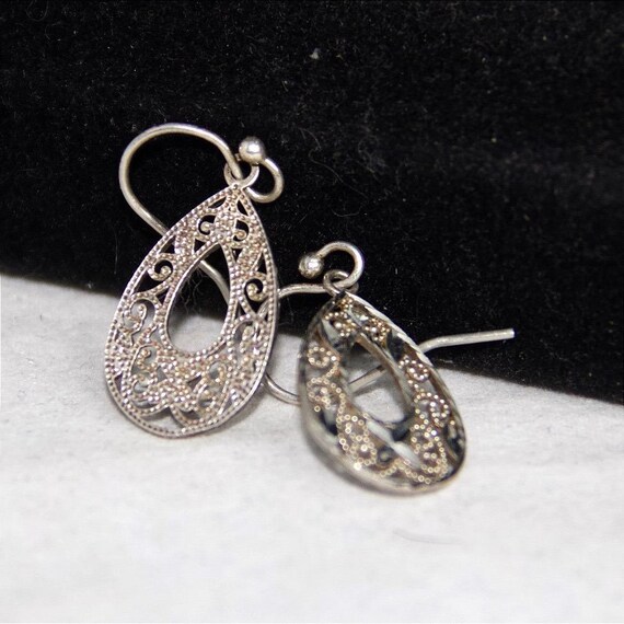 Sterling Silver 925 Filigree Teardrop Dangle Earrings Diamond Cut Filigree 1.25" View 6