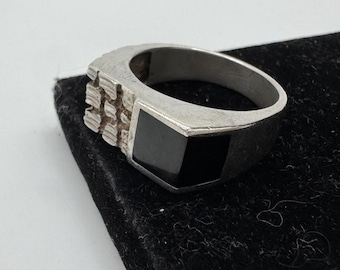 Anillo de sello vintage para hombre con textura de ónix negro, plata de ley 925, talla 10.