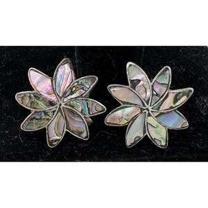 May include: A pair of flower-shaped earrings with iridescent abalone shell petals. The earrings have a silver-colored metal frame and are set against a black background. The abalone shell displays a range of colors, including pink, green, and blue.