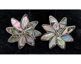 Pendientes vintage de plata de ley 925 con concha de abulón del suroeste y cierre de rosca con diseño floral