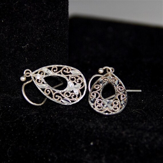 Sterling Silver 925 Filigree Teardrop Dangle Earrings Diamond Cut Filigree 1.25" View 5
