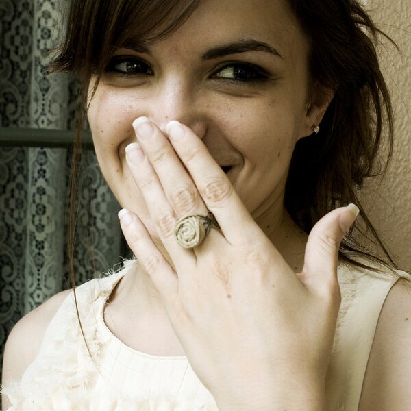 Shabby Chic Ring - Tan Fabric Flower and Simple Antique Bronze Ring Setting
