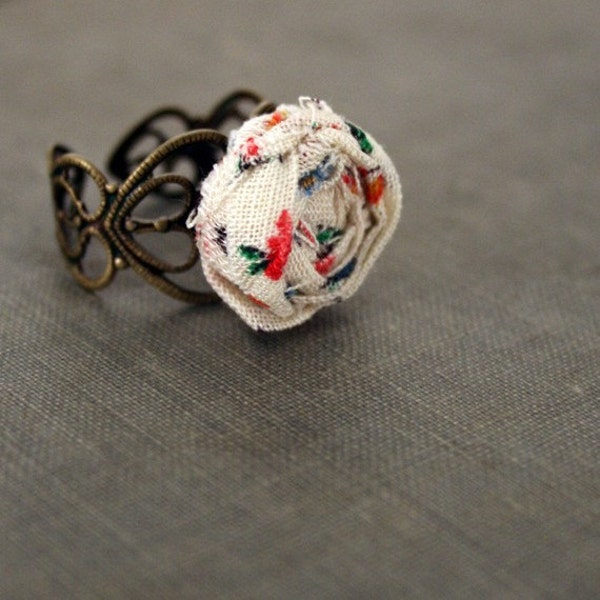 Shabby Chic Fabric Flower Ring - Spring Garden Fabric Flower and Filigreed Antique Bronze Ring Setting