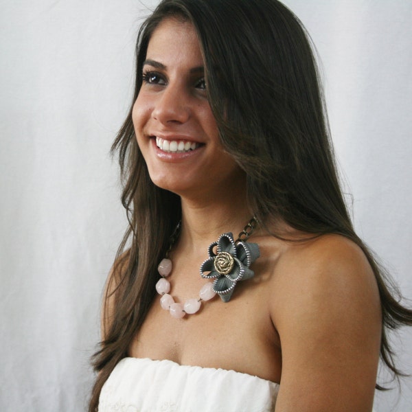 Zipper Flower Statement Necklace (Gray Zipper and Pink Quartz)
