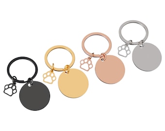 Personalised Stainless Steel Circle Paw Keyring, Custom Keychain, Engraved Paw Design Gifts, Personalized Pet Memorial Keychain, Paw Print