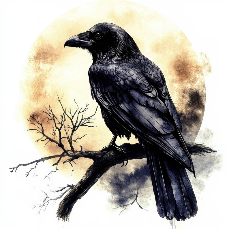 15 Raven on Tree Branch Clipart, Printable Watercolor Clipart, Crow ...