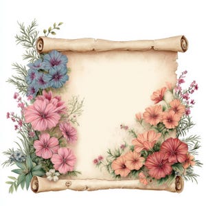 May include: A parchment scroll with a cream-colored background, adorned with watercolor flowers in shades of pink, peach, and blue. Green foliage and delicate sprigs of flowers frame the scroll, creating a floral border. The scroll's edges are rolled.