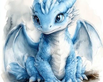 May include: A watercolor illustration of a baby dragon in shades of blue and white. The dragon has large, expressive blue eyes, small horns, and delicate wings. It is sitting down, with its claws visible, and has a friendly expression.