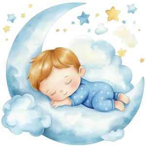 May include: Watercolor illustration of a sleeping baby on a crescent moon. The baby is wearing a blue onesie with star patterns. The moon and clouds are light blue, with yellow and blue stars scattered around.