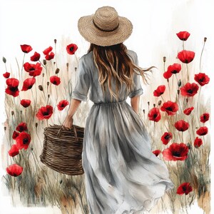 Puede incluir: Ilustración en acuarela de una persona con un vestido azul claro y un sombrero de paja, caminando por un campo de amapolas rojas. La persona lleva una cesta de mimbre, con largo cabello castaño ondeando al viento. La obra tiene una cualidad suave y soñadora.