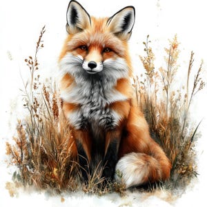 May include: A watercolour painting of a red fox in long grass. The fox has a white chest and a bushy tail. The fox's fur is a mix of orange, red, and white. The background features dry, brown grass and a white backdrop.