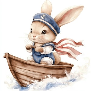 10 söta sjömanskaniner Clipart, utskrivbara akvarell Clipart, papperspyssel, skräpjournaler, högkvalitativa JPG-bilder, digital nedladdning, bedårande kanin