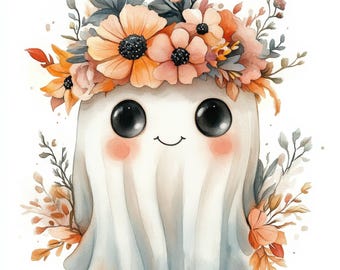 18 blommiga spöken Clipart, Halloween-spöke, digital nedladdning, högkvalitativa JPG-bilder, utskrivbara akvarell Clipart, papperspyssel, blommor Clipart