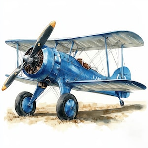 Puede incluir: Ilustración en acuarela de un biplano vintage en tonos azules. El avión presenta una gran hélice con puntas amarillas, dos alas y una cabina detallada. El avión está sobre un fondo de tonos marrones y beige, lo que sugiere un campo de hierba.