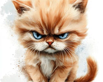 10 Grumpy Kitten Clipart, 10 High Quality JPGs, Digital Download, Fluffy Kitten, Watercolor Clipart, Paper Craft, Junk Journals, Animal