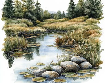 10 Country Ponds Clipart, 10 wysokiej jakości JPG, pobieranie cyfrowe, cyfrowe rzemiosło papierowe, sztuka akwarelowa, media mieszane, tworzenie kartek, Clipart