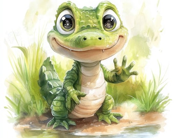 10 Cute Crocodile Clipart, Junk Journals, Paper Craft, Digital Download, Printable Watercolor Clipart, Alligator Baby art, High Quality JPGs