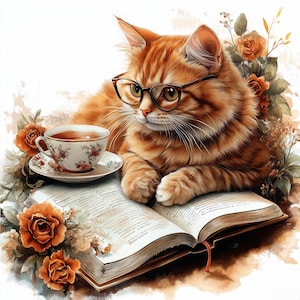 Peut inclure: Un chat roux portant des lunettes, posé sur un livre ouvert avec une tasse et une soucoupe à thé à proximité. La tasse et la soucoupe présentent un motif floral. Des roses oranges et du feuillage entourent le chat et le livre, créant un thème littéraire et confortable.