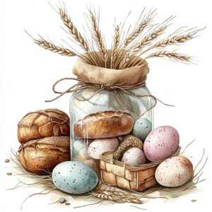 Op de afbeelding: Waterverfillustratie van een rustig stilleven met brood, eieren en tarwe. Een glazen pot bevat brood en tarwearen. Een geweven mand bevat gespikkelde eieren. De scène is geplaatst op een bed van stro.