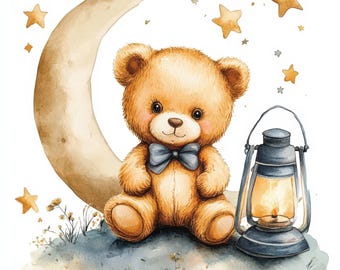 10 clipart de urso de pelúcia, urso sentado na lua, clipart de aquarela para impressão, artesanato em papel, diários de lixo, JPGs de alta qualidade, download digital