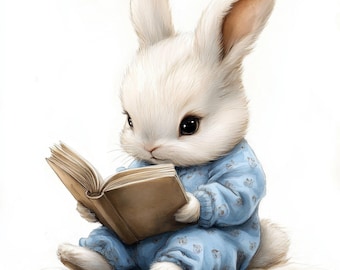10 Bunny Reading Book Clipart, 10 High Quality JPGs, Digital Download, Bunny Clipart, Art, Paper Craft, Junk Journal, Watercolor Clipart