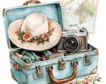 14 Traveling Clipart, Vacation Trip, Suitcases Clipart, Printable Watercolor Clipart, Paper Craft, High Quality JPGs, Digital Download