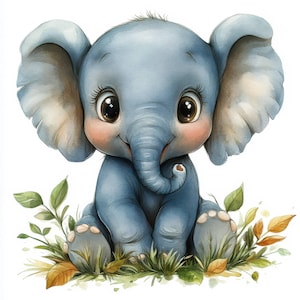May include: A watercolor illustration of a baby elephant with large, expressive eyes and a gentle smile. The elephant is a soft blue color with large ears and is sitting in a patch of green and yellow leaves.
