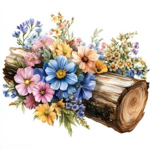 10 Wildflower On Log Clipart, Watercolor Wildflowers, Card Making, Journaling, Memory Books, High Quality JPGs, Digital Download, Floral