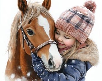 May include: A heartwarming image of a young child embracing a brown horse. The child wears a plaid winter hat and a blue coat with a fur-lined hood. Snowflakes gently fall around them, creating a cozy winter scene.