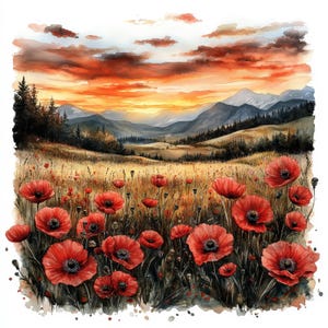 Puede incluir: Pintura a la acuarela de un campo de amapolas rojas bajo un cielo al atardecer. Las vibrantes flores rojas están en primer plano, con un campo dorado y montañas al fondo. El cielo es una mezcla de naranja, amarillo y rojo.