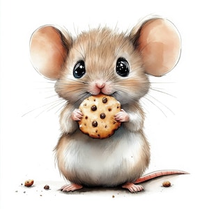 May include: A cute cartoon mouse with large, black eyes and big ears, holding and eating a chocolate chip cookie. The mouse has light brown fur and a pink tail, set against a white background.