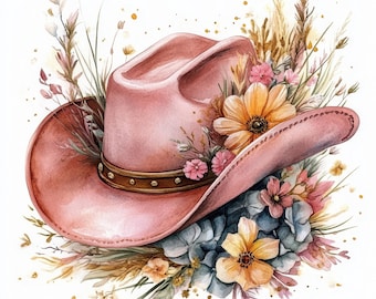 10 Cowgirl Hat with Flowers Clipart, Printable Watercolor Clipart, Pink Floral Cowboy Hat, Paper Craft, Digital Download, High Quality JPGs