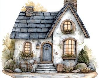 12 Stone Cottage Clipart, 12 High Quality JPGs, Digital Download, Card Making, Mixed Media, Digital Paper Craft, Watercolor Art