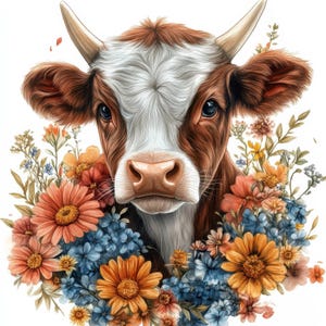 10 Vache & fleurs Clipart 2, 10 fichiers JPG de haute qualité, téléchargement numérique instantané, jolie vache, oeuvre d&#39;art pour chambre d&#39;enfant, créations numériques en papier, fabrication de cartes, clipart
