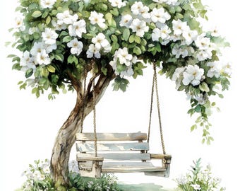 10 Swing On The Tree Clipart, High Quality JPGs, Digital Download, Floral Swing, Watercolor Clipart, Scrapbooking, Digital Paper Craft
