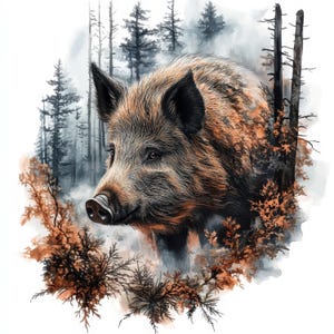 Può includere: Illustrazione ad acquerello di un cinghiale in un ambiente forestale. Il cinghiale ha pelo marrone, orecchie nere e un grugno prominente. Lo sfondo presenta una foresta nebbiosa con alberi alti e sottili e fogliame arancione.