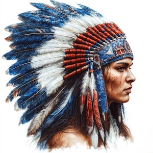 May include: A side profile of a person wearing a Native American headdress. The headdress features blue, white, and red feathers, with a blue and red beaded band. The person has long brown hair and is looking to the right.