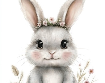 10 Cute Bunny Rabbit Clipart, Cute Baby Animal , Floral Bunny, Cute Baby Bunny Clipart, Nursery Bunny Art, Baby Shower Easter Bunny JPGs