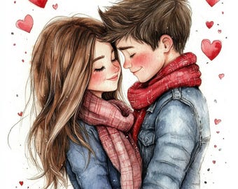 12 Love Couple Clipart, Romantic Teens, Paper Craft, Lovers, Junk Journal, Watercolor Clipart, Digital Download, 12 High Quality JPG
