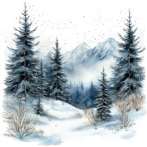 10 Christmas Trees Clipart, Christmas Landscape, Digital Download, Watercolor Clipart, Junk Journal, Paper Craft, 10 High Quality JPG