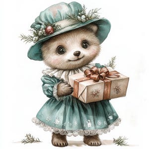 13 Bear with Gift Clipart, Bear in Christmas Clothes Clip Art, High Quality JPGs, Printable Watercolor Clipart, Digital Download
