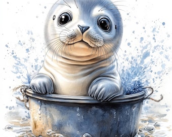 10 Baby Seal in Bucket Clipart, 10 High Quality JPGs, Digital Download, Paper Craft, Junk Journals, Seal Playing, Watercolor Clipart, Animal