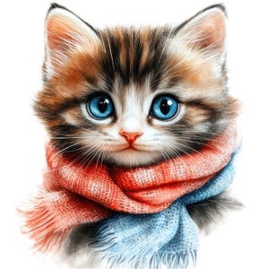 スカーフを巻いた子猫10匹のクリップアート、高画質JPG画像10枚、デジタルダウンロード、スクラップブッキング、カード作り、デジタルペーパークラフト、動物のクリップアート