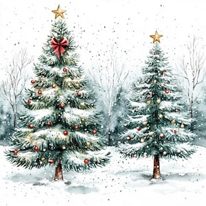 10 Christmas Trees Clipart, 10 High Quality JPGs, Digital Download, Christmas Landscape, Watercolor Clipart, Paper Craft, Junk Journal