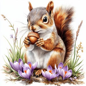 10 Squirrel Clipart, High Quality JPGs, Printable Watercolor Clipart, Paper Craft, Digital Download, Squirrel and Acorns in Crocuses Clipart