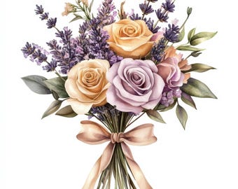 May include: A watercolor bouquet featuring yellow, lavender, and purple roses, accented with lavender sprigs and green leaves. The flowers are tied with a light brown ribbon. The arrangement is set against a white background, creating a soft and elegant floral display.